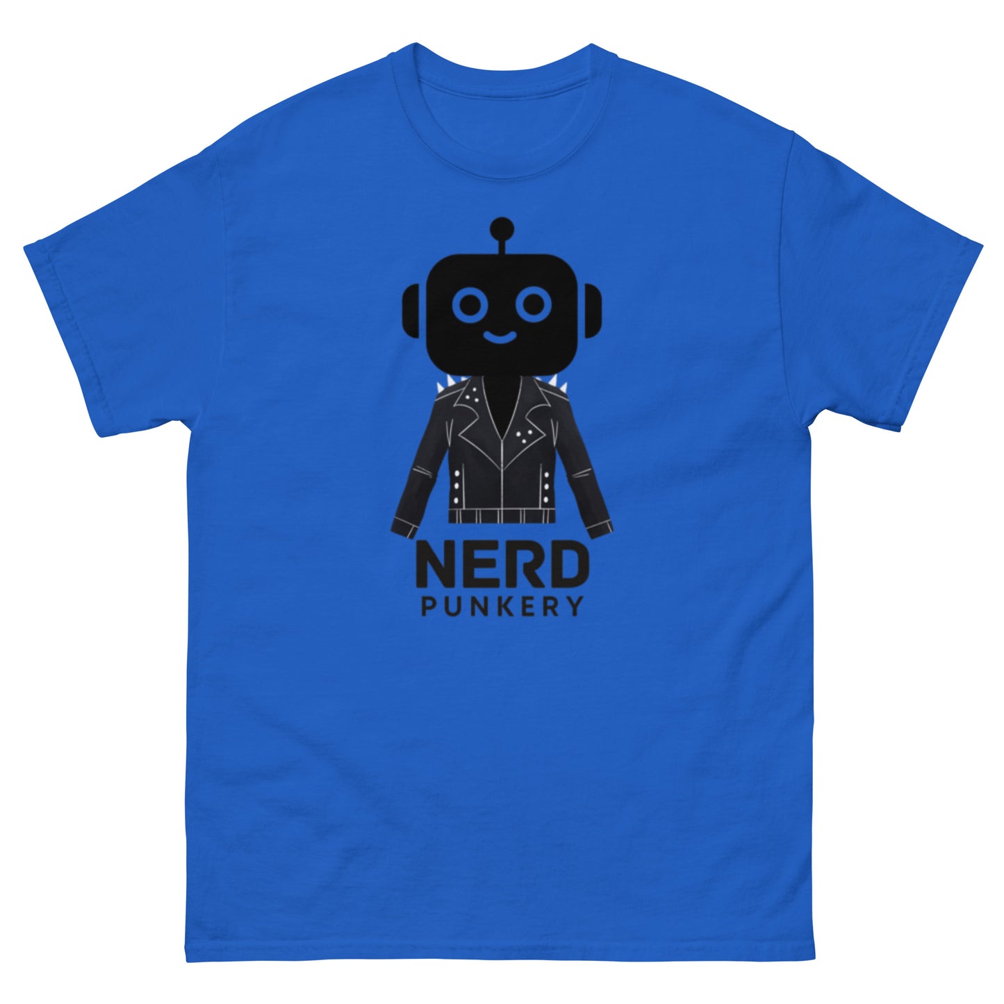 Blue Tee Shirt with a Robot in a leather jacket